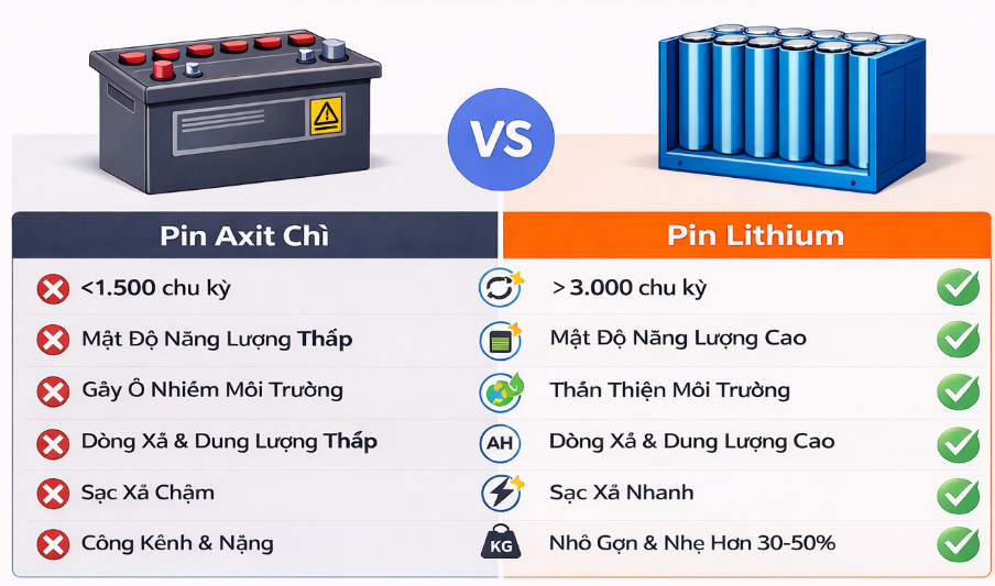 🔋 So sánh Pin Axit Chì Xe Nâng và Pin Lithium Xe Nâng